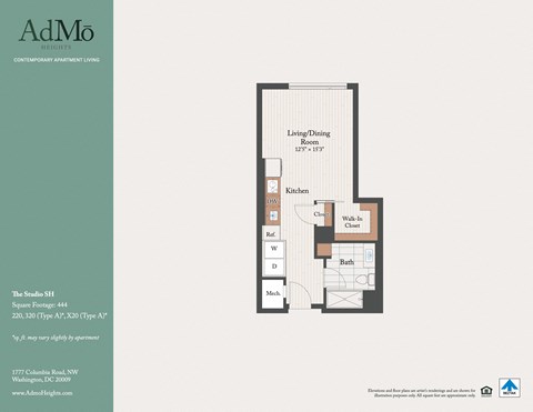 Floor plan for studio, 1 bath, 444 sqft